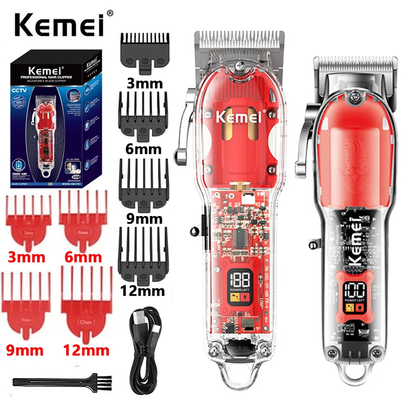

Kemei Rechargeable Hair Cutting Machine Barber Shop Fade Hair Clippers Cordless Trimmer Transparent Cover Red Base KM-1761&246
