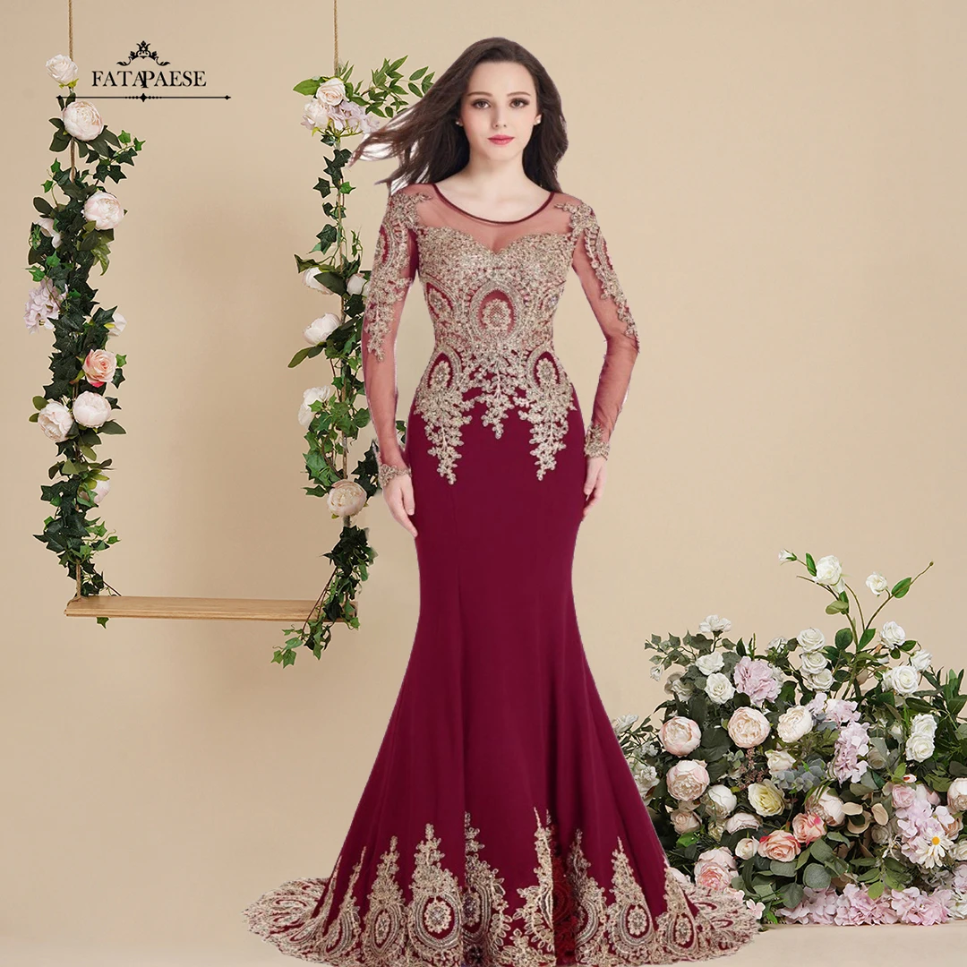 

FATAPAESE Sexy Mermaid Gold Lace Appqulies Evening Dresses Floor Length Cocktail Party Formal Slim Vestidos Women Sheer Back