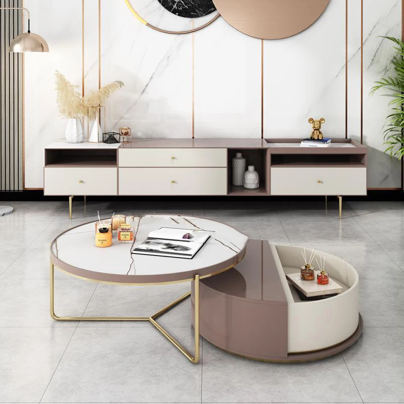 

Contemporary Creative Luxury Round Coffee Table And TV Cabinet Set A Set Of 2 Tea Tables High-End Indoor Furniture Family Used