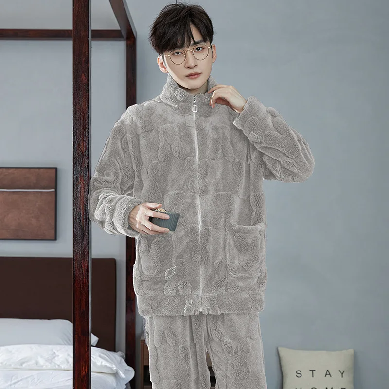 Sleepwear Pyjamas Autumn Winter Men Pajamas Sets Zipper Long Sleeve Warm Flannel Loungewear Sets Thick Korean Fashion Clothing