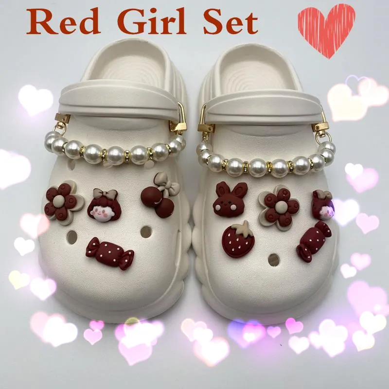 

Red Girl Set Pearl Chains Set Croc Charms Pack Lovely Clogs Jeans Cute Decoration Beautiful Accessories Kids Boys Girls Gifts