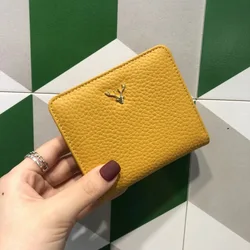 Chic Cowhide Leather Women's Wallet - Small, Stylish Card Holder & Coin Purse with Deer Button Design (Yellow)