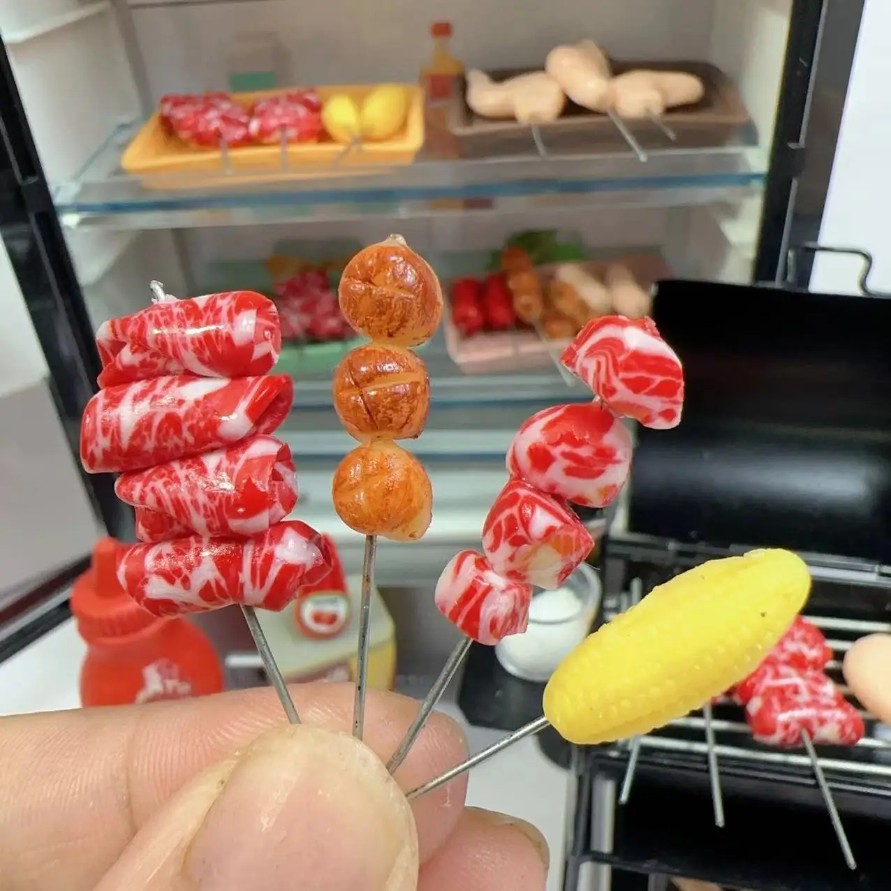 New 1/12Miniature Supermarket food simulation kabob beef sausage corn mushroom for Doll House Mini Kitchen Clay food Accessories 4