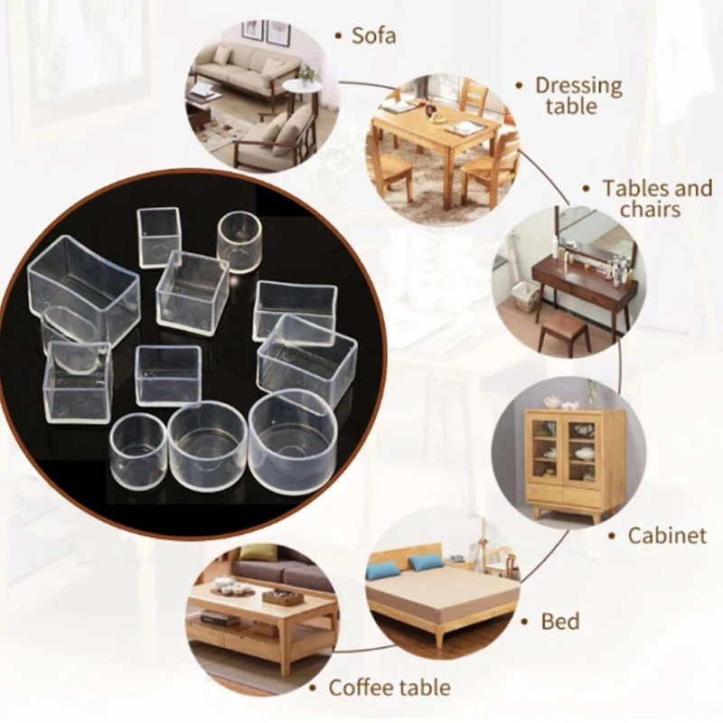 Transparent Square Furniture Leg Caps with Non-slip Rubber and Floor Protection Pads