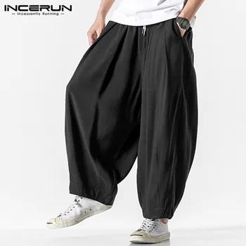 Summer Men Wide Leg Pants Drawstring Joggers Plain High Street Man Casual Trousers Baggy Fashion Harem Pants S-5XL INCERUN 2024