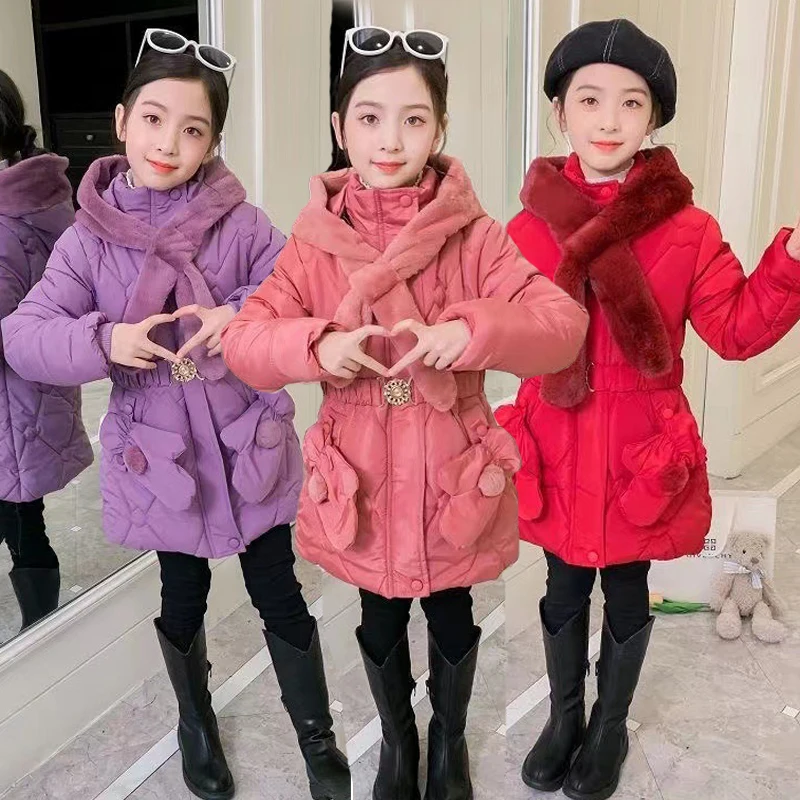

2023 New Winter Keep Warm Girls Jacket Removable Cap Lining Plush Thick Hooded Outerwear For Kids Send Scarf And Gloves
