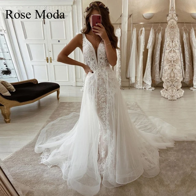 Rose Moda Deep V Neck Lace Sheath Wedding Dress With Removable Tulle  Overskirt Custom Make - Wedding Dresses - AliExpress