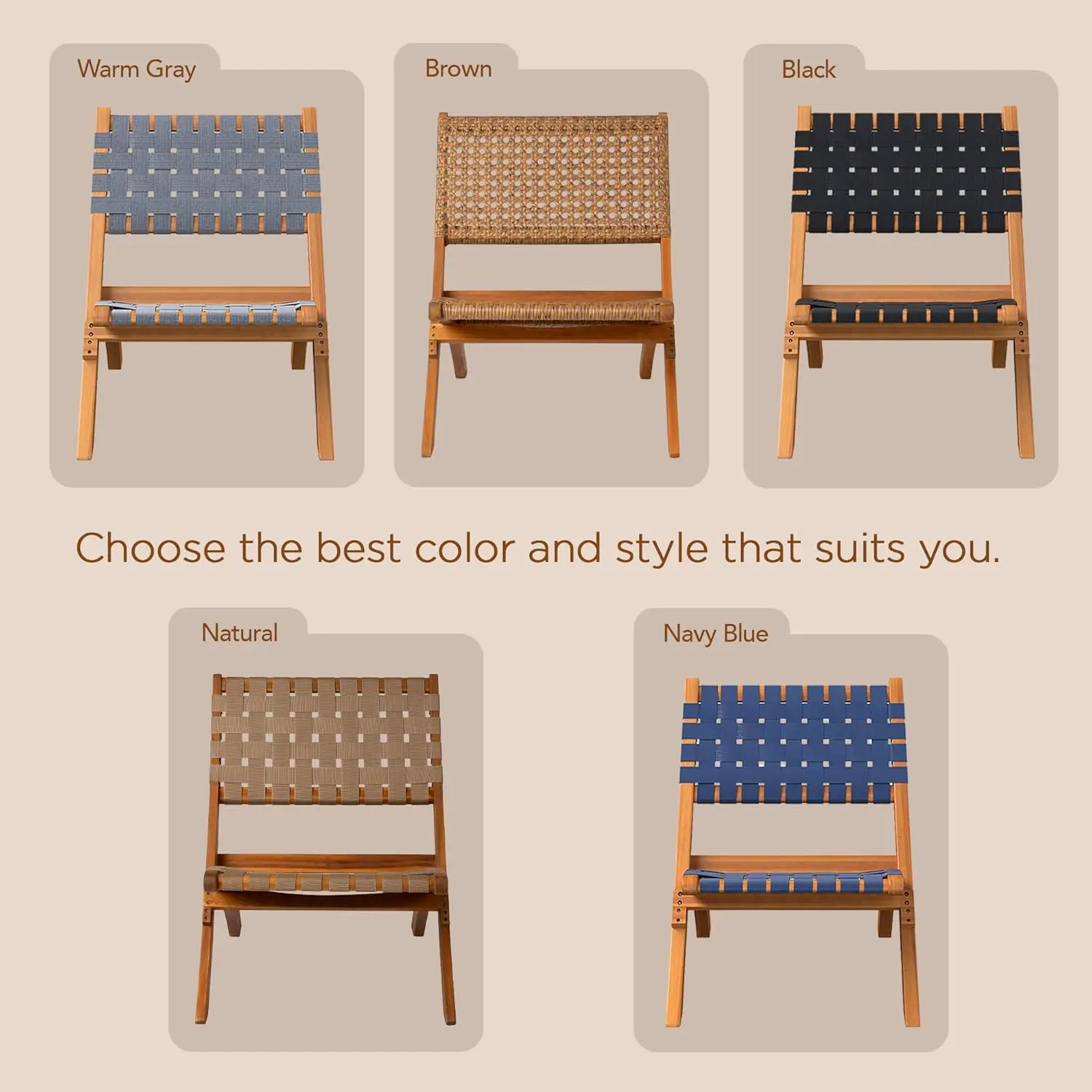 63636 Sava Folding Chair. Indoor/Outdoor. Low Slung. Portable. Acacia Wood. Woven Seat & Back. Navy Blue Webbing.