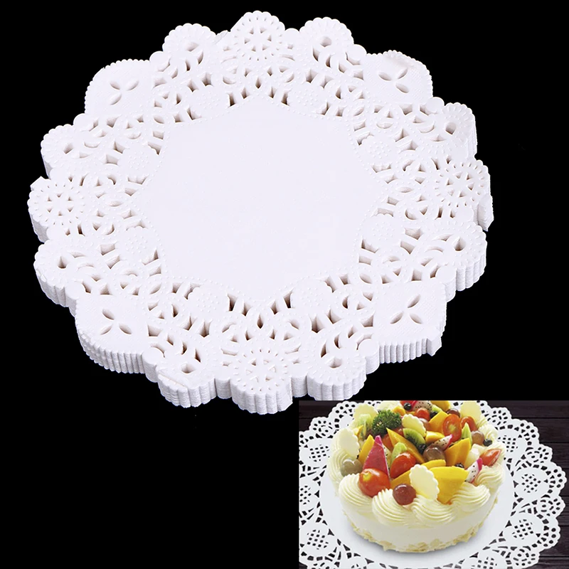 100Pcs Round Flower Bottom Paper Placemat Coaster Oil-Absorbing Paper Lace White Coaster Party Dessert Placemat Bottom Paper