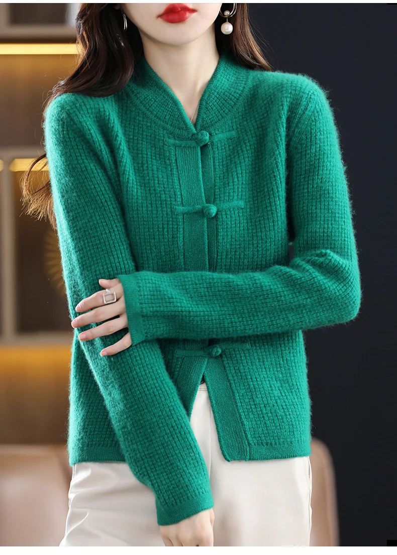 100% Pure Wool Cardigan Casual Knitted Half-high Collar Women China Knot Buckle Sweater Knitted Autumn Winter Cashmere Jacket