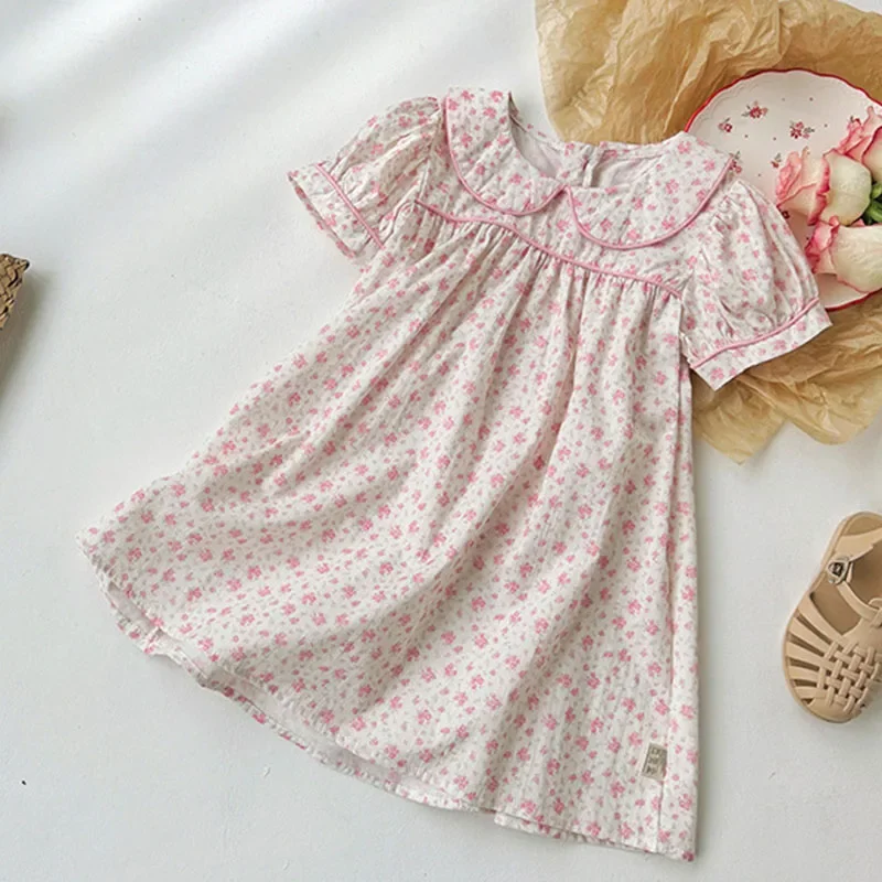 New Summer Sister Clothing 2-7Yrs Baby Girl Birthday Party Dress Short Sleeved Cotton Flower Print Kids Princess Dresses
