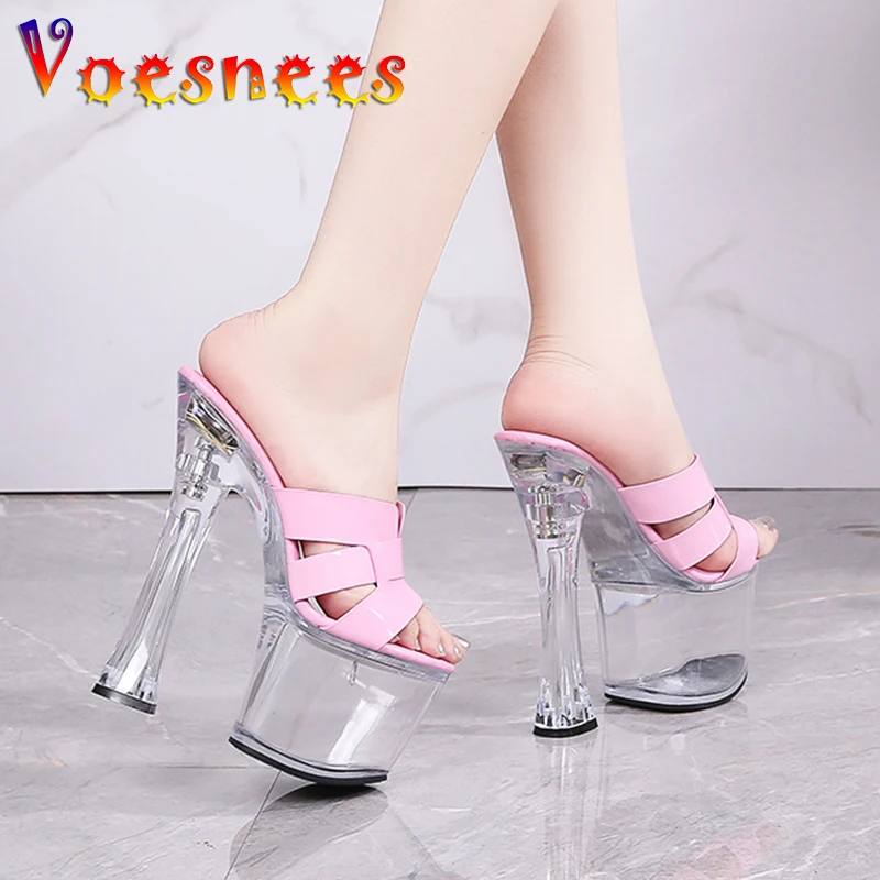 Women Super High Heels Pumps Summer Slippers Transparent