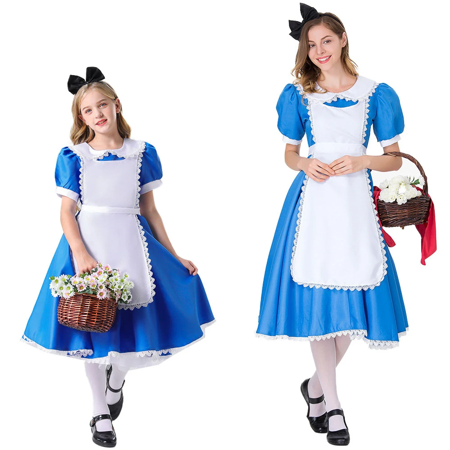Anime Alice in Wonderland Adventures Halloween Adult Kids Girls Outfits Party Clothing Short Sleeve Frock