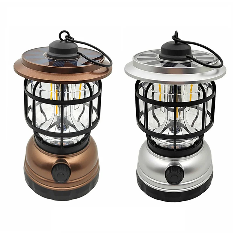 2023New Portable Solar Outdoor Lights Vintage Hanging Lantern LED Rechargeable Retro Camping Lighting Antique Storm Lantern Lamp