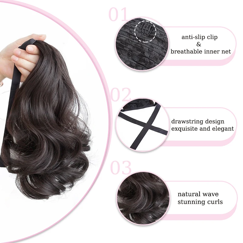 12inch Wavy Hair Ponytail Wig for Kids Girls Synthetic Ribbon Ponytail Extensions Hairpiece with Clip Short Wavy Tail for Girls