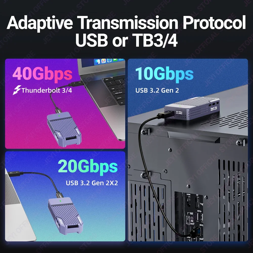 JEYI 40Gbps M.2 NVMe Enclosure with PWM Fan, Aluminum Type C USB 4.0 2280 SSD Case Compatible with Thunderbolt 4/3 USB 3.2/3.1/3
