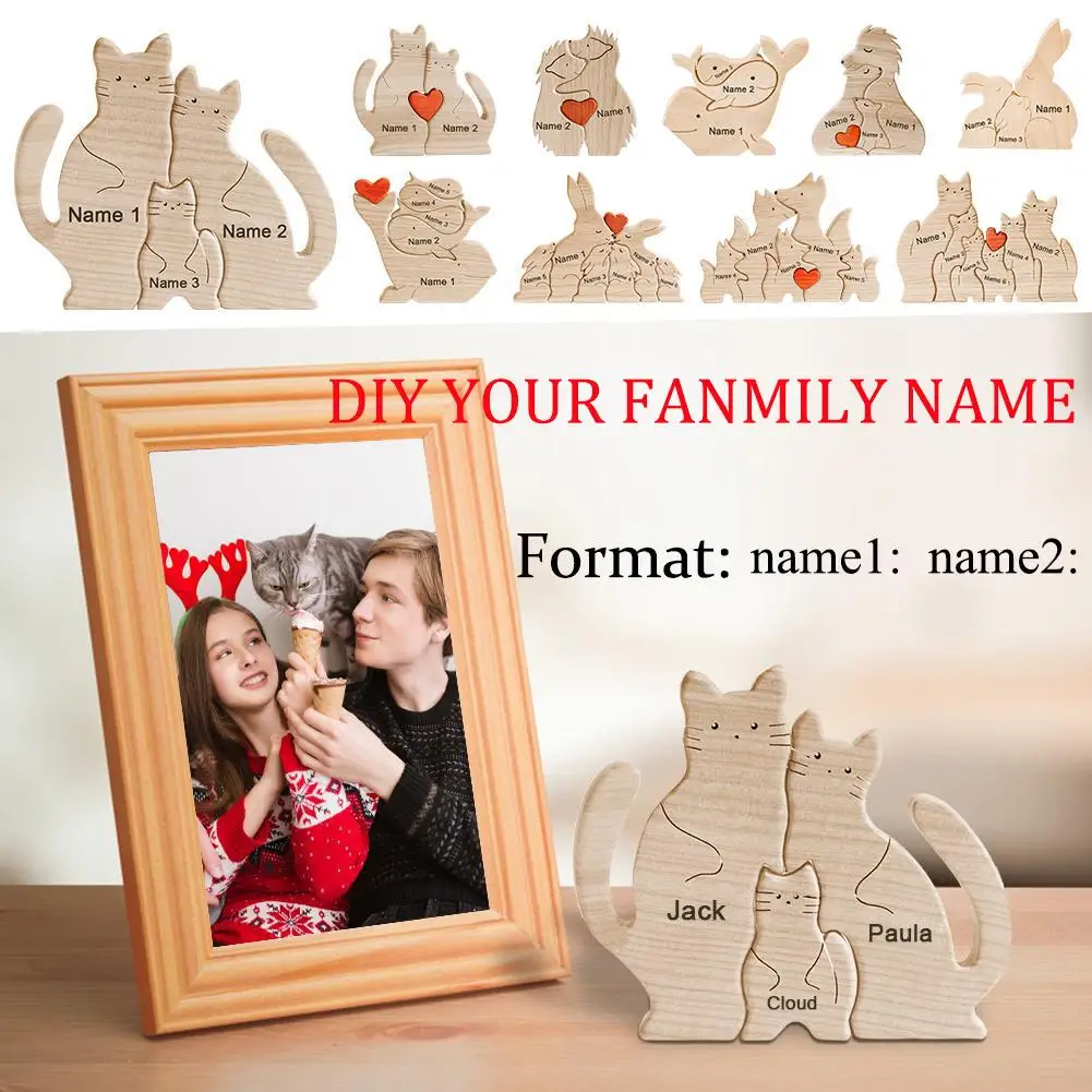 

Creative Animals Family Wooden Art Puzzle DIY Family Name Heart Puzzle Desktop Ornament Home Table Decoration Gift for Family