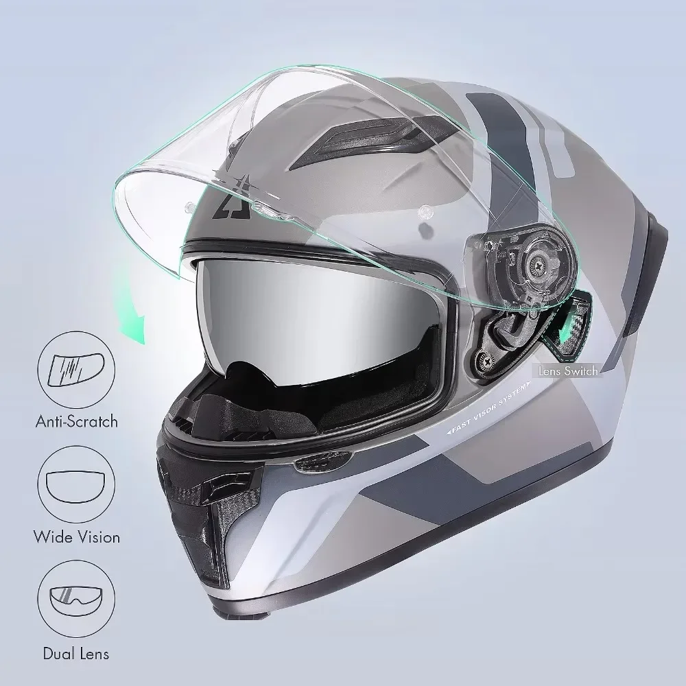 Full Face Motorcycle Helmet with Double Lens Quick Buckle Motorcross Helmets for Unisex DOT Approved ABS Shell FF351 TRIANGLE
