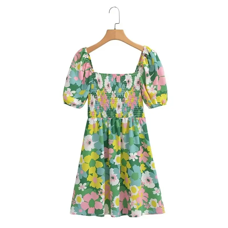 Green Floral Square Neckline Short Puff Sleeve A-line Mini Dress With Ruched Elastic Bodice And Center Bow Detial