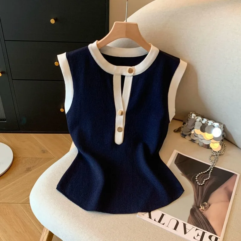 Ärmelloses Damen-T-Shirt, elegantes, geknöpftes, rundhalsiges, farbblockfarbenes, ärmelloses Strick-T-Shirt, Cami-T-Shirt für den Sommer, elastische Oberteile für den Arbeitsweg