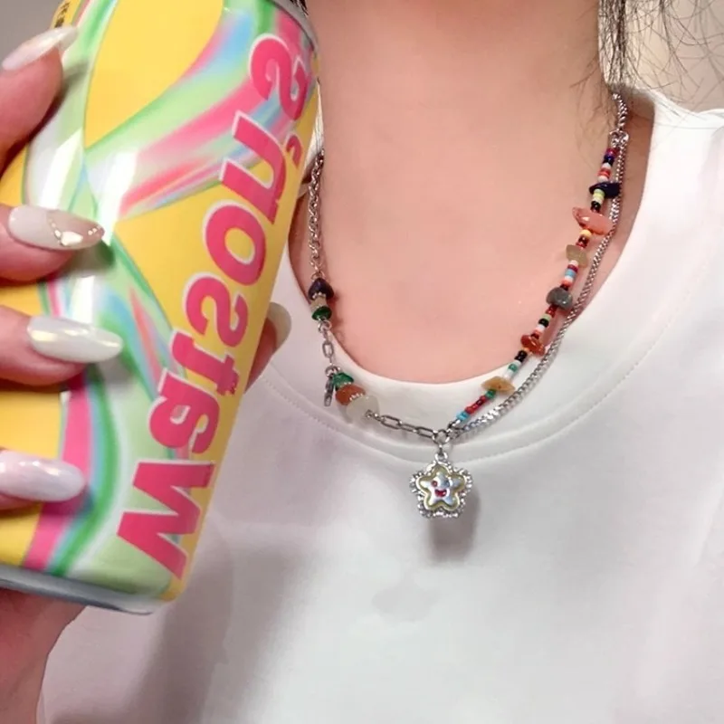 Bohemia Candy Color Cute Necklace for Women Star Pendant Beaded Clavicle Chain Multicolor Y2K Vacation Jewelry Accessories