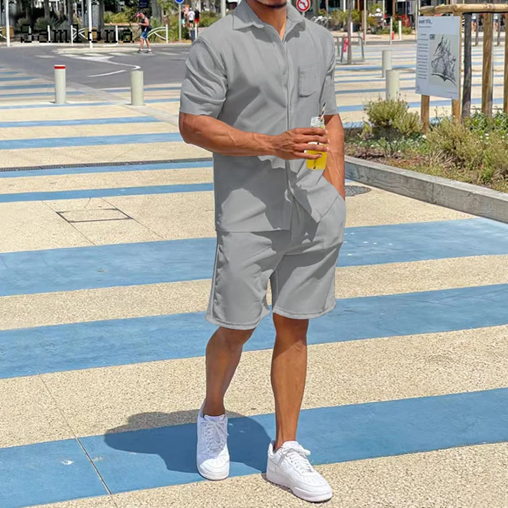 Plus Size 3xl Mens Casual Linen Two Piece Sets 2024 Single Breasted Tops Blouse and White Shorts Suit Male Beach Tracksuits Set 5