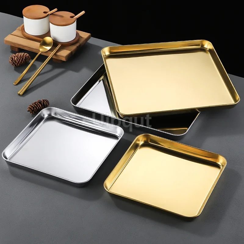 Gold Square Stainless Steel Food Service Tray plate Nonstick Bakeware Fruit Cookie Bread Plate Kitchen Storage Container Utensil