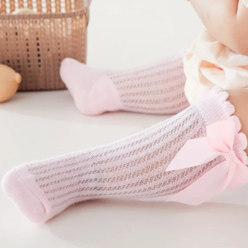 Children Socks Thin Kids Knee High Socks Baby Girls Boys Bow Long Sock Soft Cotton Mesh Breathable for 0-3 Years