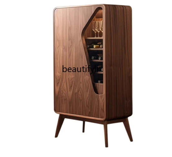

Italian Minimalist Solid Wood Wine Cabinet Walnut Color Single Door Glass Cabinet Living Room Storage Cabinet
