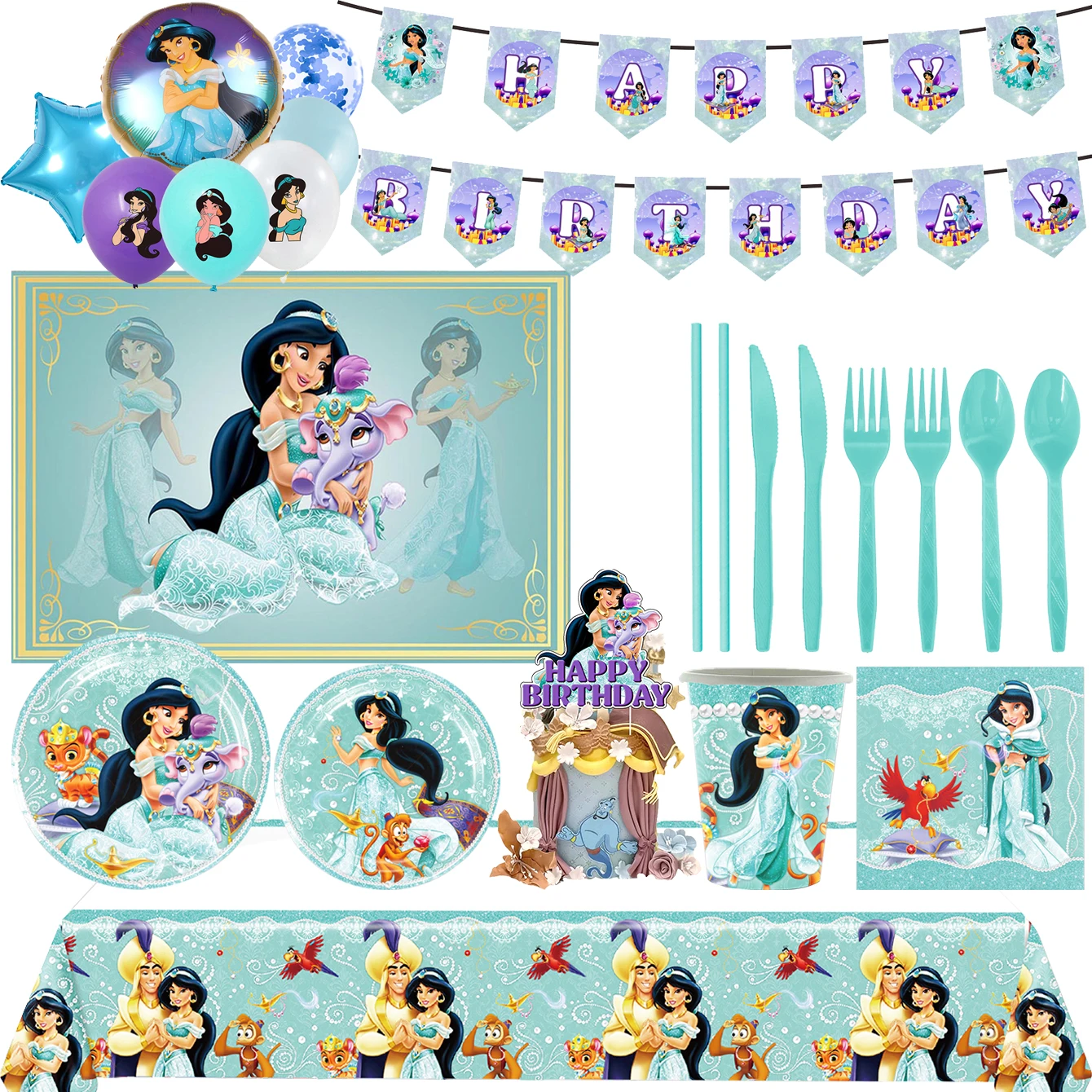 

NEW Jasmine Princess Aladdin Theme Birthday Party Decorative Disposable Tableware Background Balloon Baby Shower Kid Girl Gift