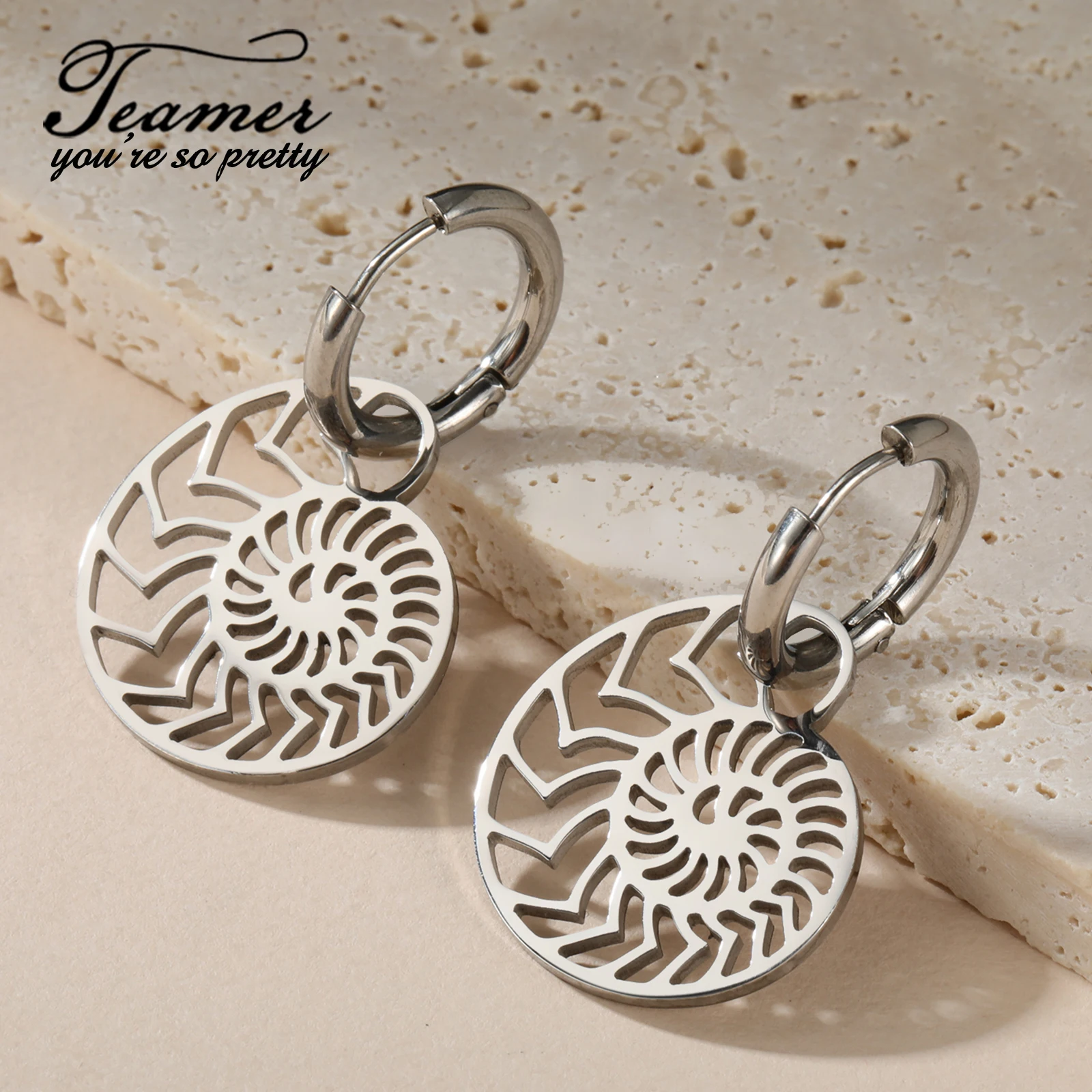 Teamer Vintage Geometric Nautilus Hoop Earrings Stainless Steel Bohemian Shell Snail Dangle Earrings Women Jewelry Wedding Gifts