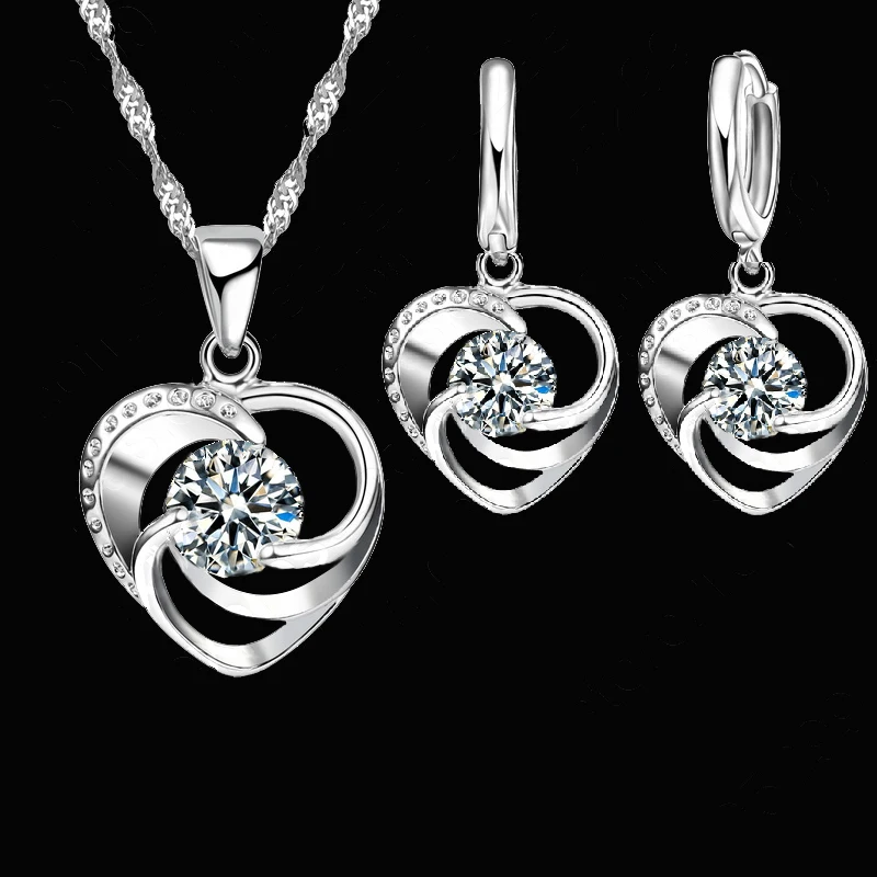 925 Sterling Silver Necklace Earrings Set Long Chain Sweet
