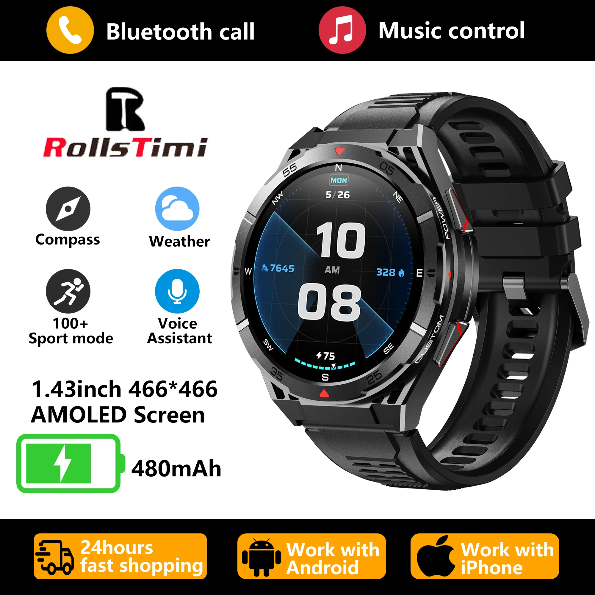 Nuovo Smartwatch 2026 con Schermo AMOLED ad Alta Definizione da 1,43 Pollici, Supporta Chiamate Bluetooth, Posizionamento GPS, Monitoraggio della Salute
