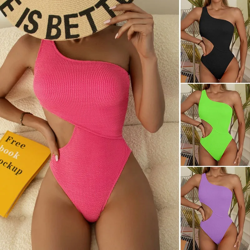 

Women's Cutout One Piece Swimsuit One Shoulder Swimwear Waist Cut Out Ribbed Monokini Bathing Suits for Teen Girls