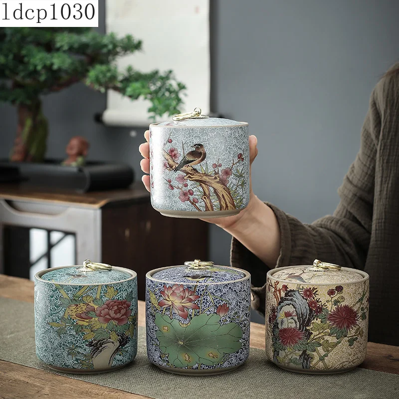 Chinese-style Tea Pot with Lid Moisture-proof Storage Tank Ceramic Sealed Storage Tank Home Retro Tea Box Living Room Decoration
