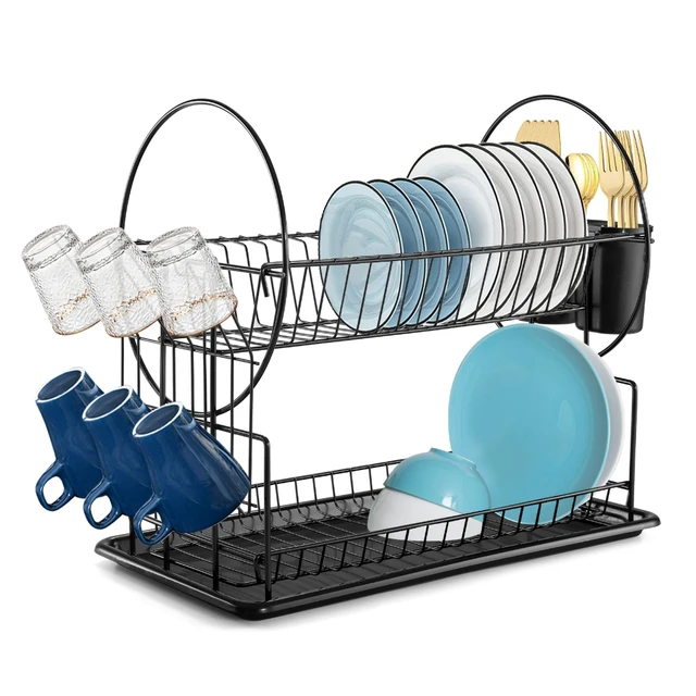 2-Tier Dish Drainer Rack with Drip Tray Metal Wire Cutlery Holder Plate  Draining