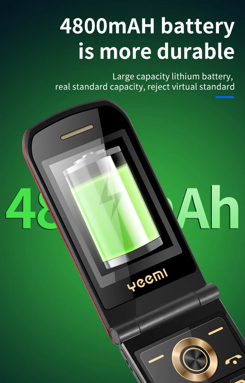 YeeMI K21+ Rugged 4G Feature Phone Big Button 2.6Inch Screen Flip Phone Dual SIM Dual Screen Cellphone 6800mAh Battery Full Band