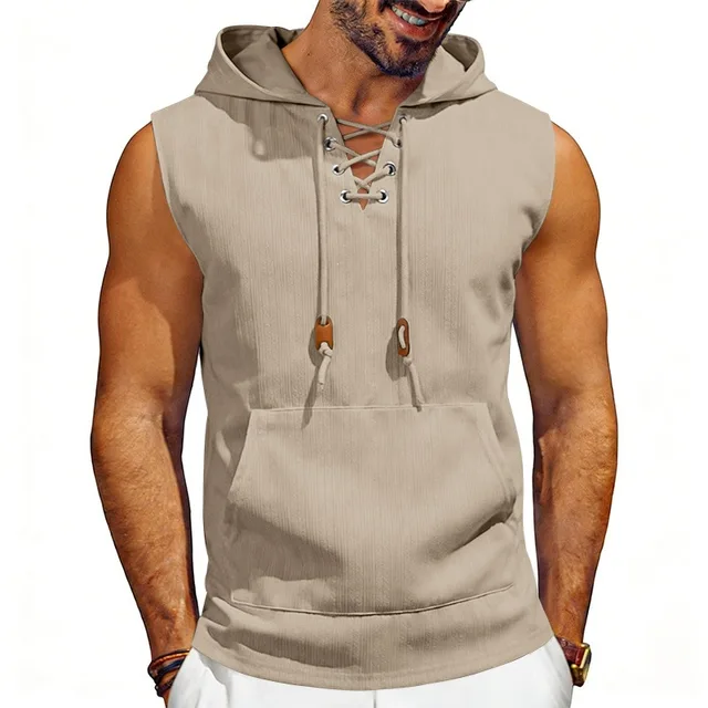 Nouveau débardeur à capuche sans manches pour homme, style décontracté, avec cordon de serrage et poches, idéal pour l'été, le hip-hop et l'entraînement sportif. 1