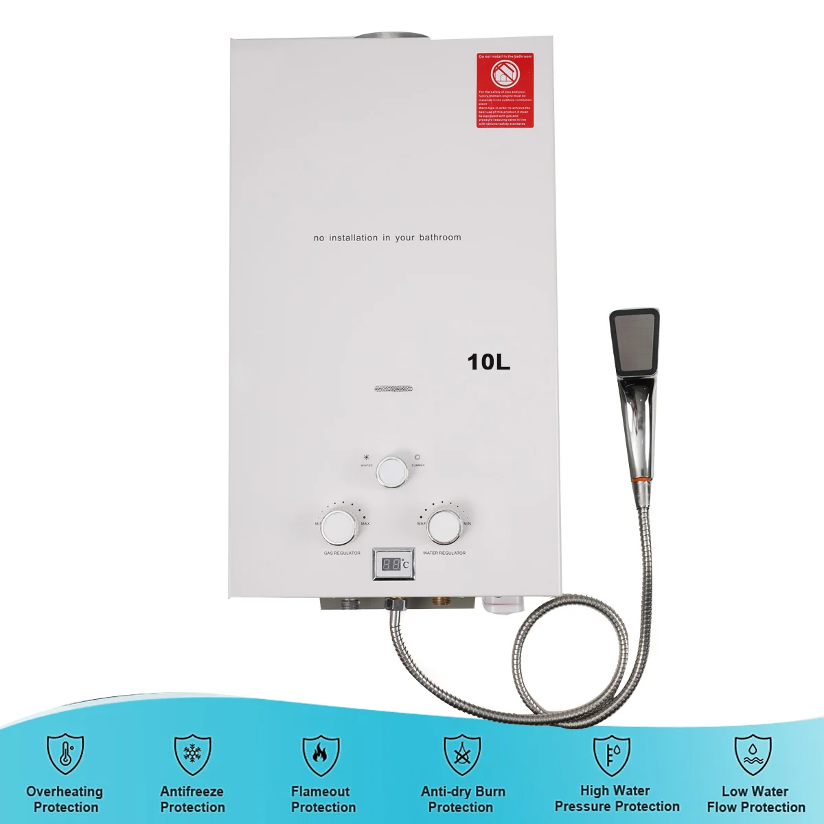 10L 20KW Tankless Propane Water Heater LPG Propane Gas Instant Hot Water Heater Boiler For Outdoor Camping With Shower Head Kit