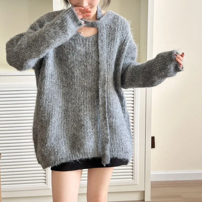 New Autumn and Winter Women's Clothing Round Neck Long-sleeved Knitted Sweater Loose and Elegant Lace-up Knitwear Long Top