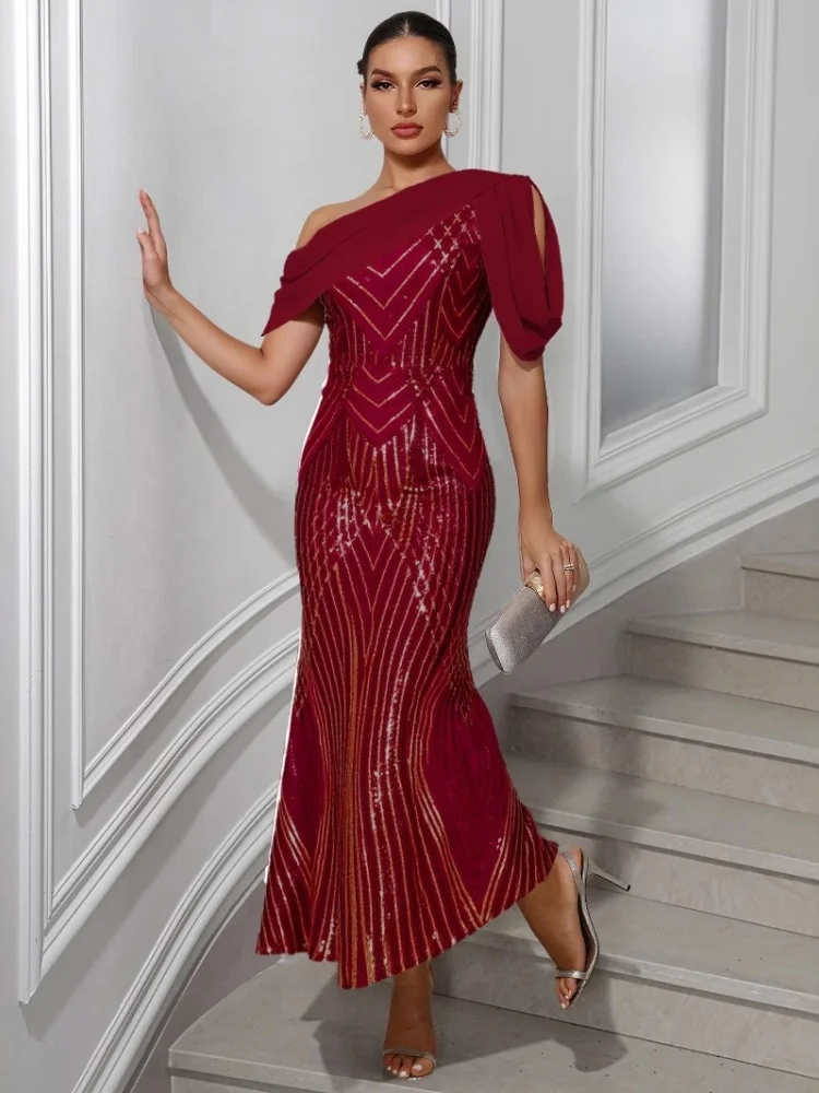 Wmstar Dress Women Wholesale Hot Selling New European American  Single Shoulder Chiffon Patchwork Sequined Long  Party 2025