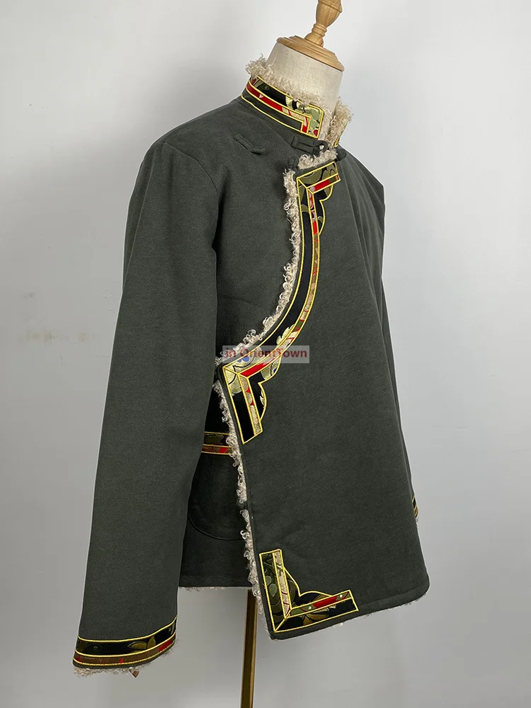 Nepal Bhutan Trend Clothing Men's Embroidered Plush Cotton Jacket Winter Tibet Stage Performance Overcoat Tibetan Ethnic Coat