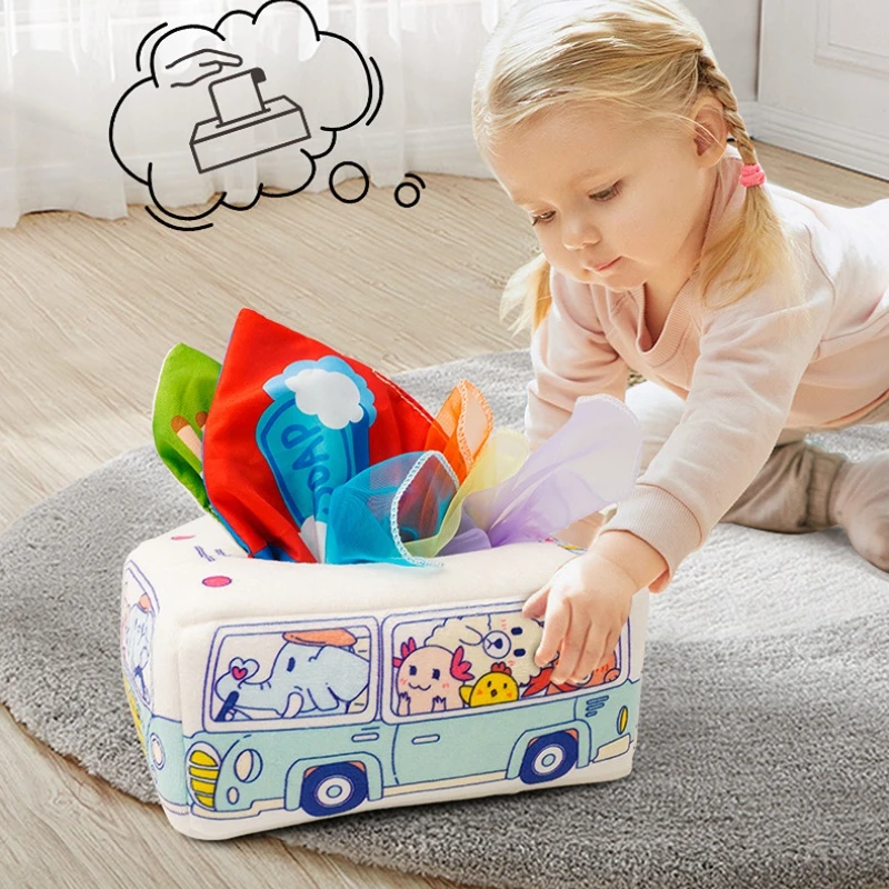 

Baby Tissue Box Soft Sensory Toys 0-18 Months Infant Montessori Early Educational Development Game Finger Exercise Pull Toys