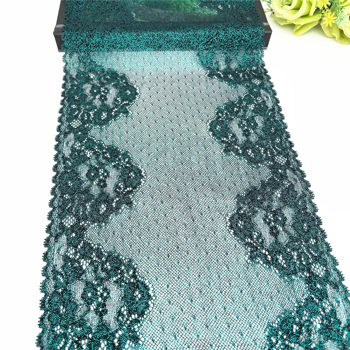 3y/lot Width 23cm Dark Green Shimmer Elastic Stretch Lace Trims 1