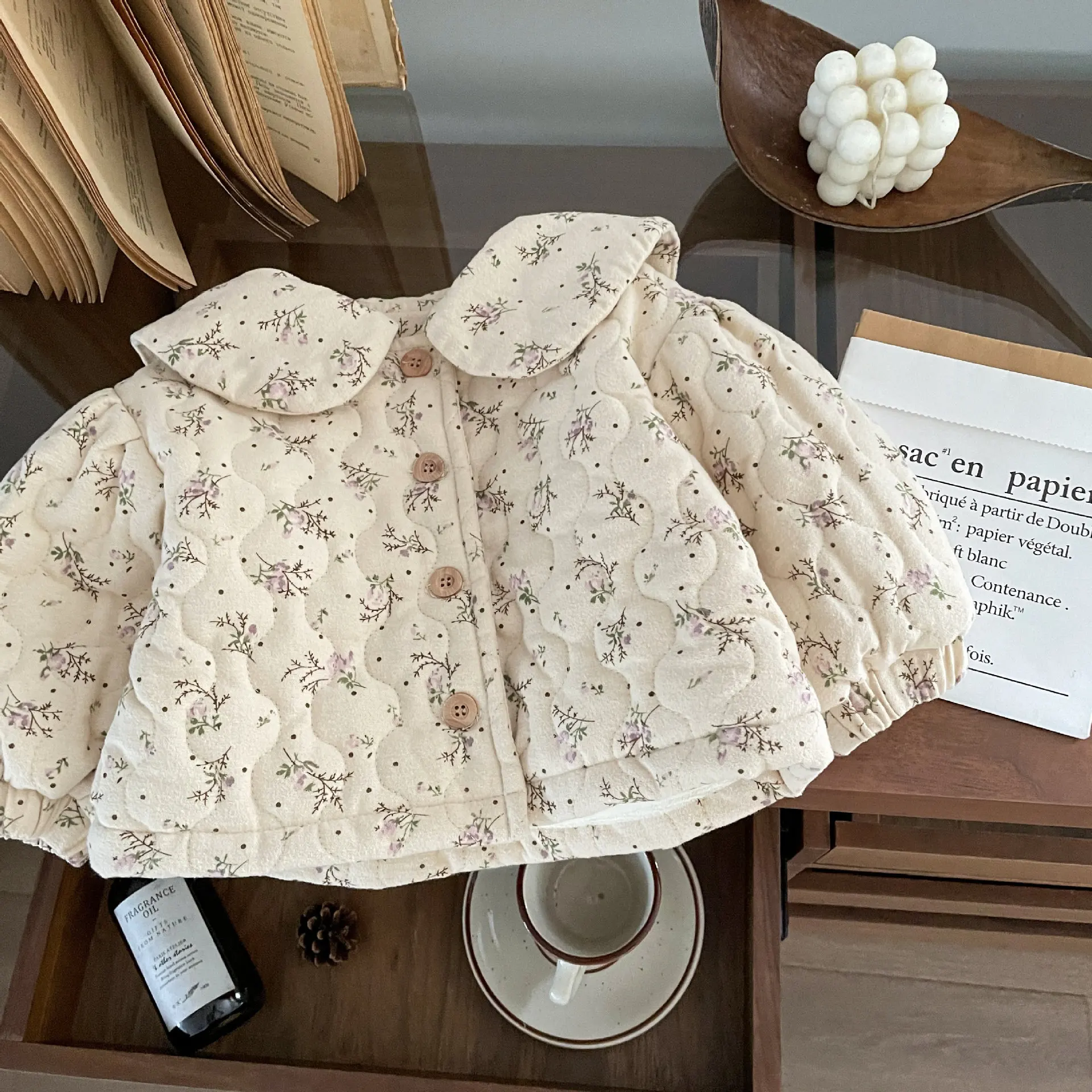 Baby Clothes Girls Doll Collar Fleece Floral Cotton Padded Jacket Winter New Girls Baby Fashion Thickened Cute Coat