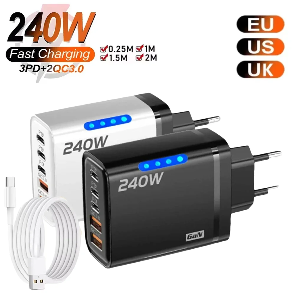 5 In 1 GaN 240W USB C Fast Charging Charger For Huawei Xiaomi iPhone Samusng Quik Charge Type C Adapter Cell Phone Accessories