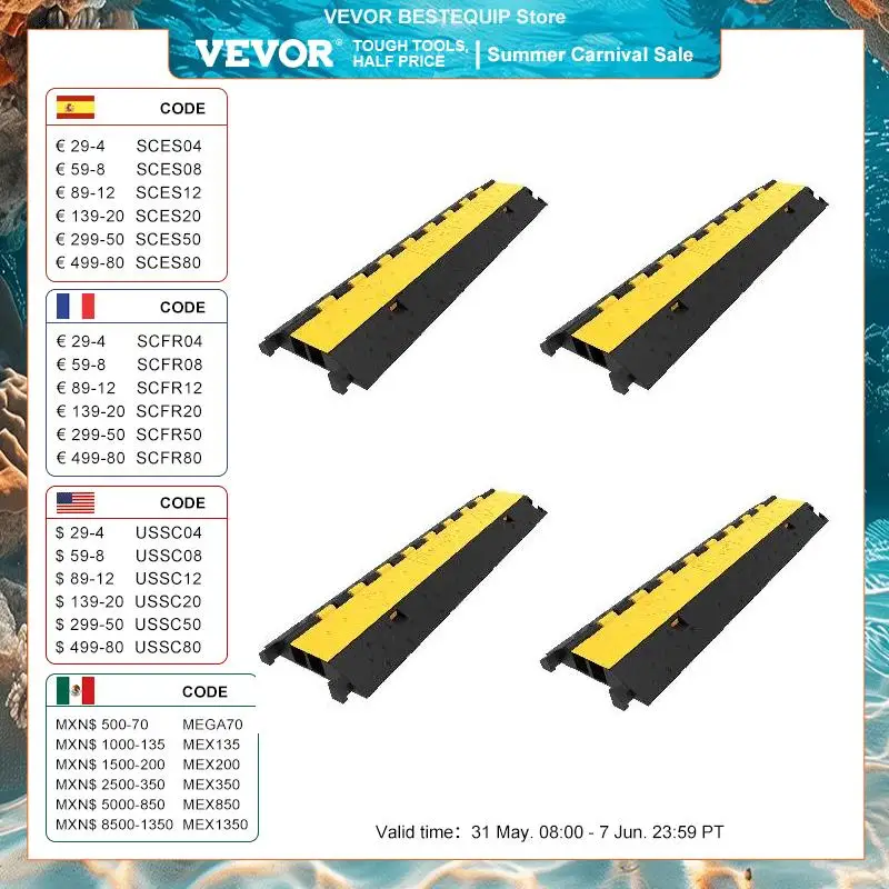 VEVOR 4/5 PCS 2-Channel Cable Protective Wire Cord Ramp Driveway Rubber Traffic Heavy Duty Speed Bumps Garage Cable Protector