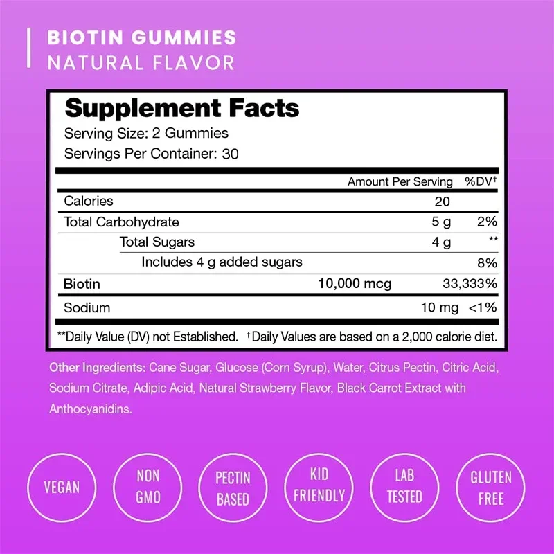 Biotin Gummies 10,000 Mcg-Promotes Hair Growth, Skin and Nail Health, Promotes Hair Growth
