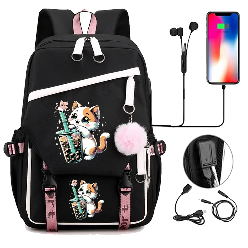 

Students Backpack Girl Teenager Mochila Travel School Backpack Black Pink Bagpack Boba Anime Cat Laptop School Bags Usb Bookbags