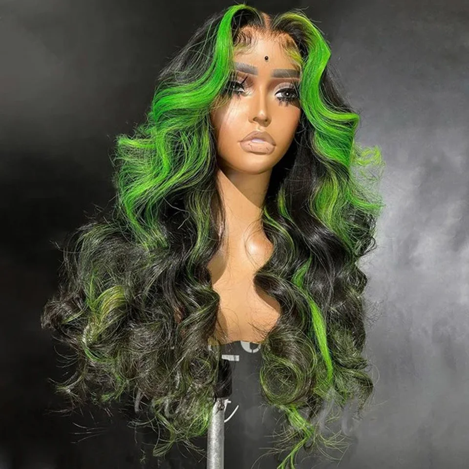 30 34 Inch Body Wave Lace Front Wig Highlight Green Lace Front Human Hair Wigs Colored Human Hair 13x4 13X6 HD Lace Frontal Wigs